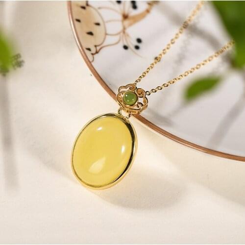 Natural 925 sterling silver gilt gold inlaid amber wishful retro temperament individuality gold necklace luxury gold necklace