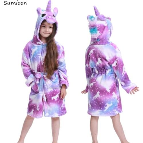 New Winter Big Boys Girls Bath Robe Children Unicorn Hooded Flannel Pajamas Lengthen Bathrobes for Teenage Boy Cartoon Pajamas