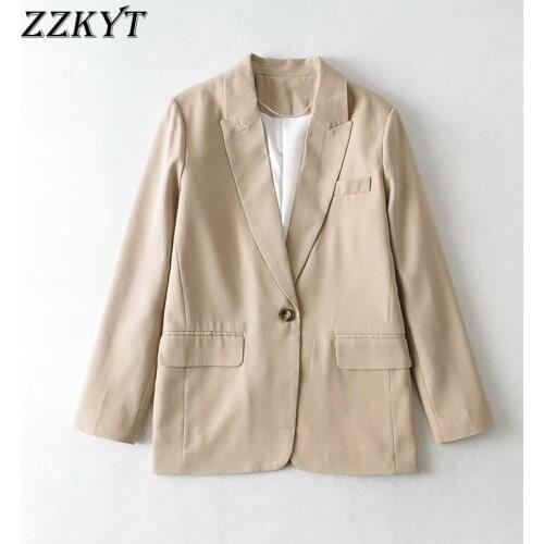 ZZKYT 2021 Women Spring Vintage Solid Single Button Jacket Coat Fashion Lapel Collar Pockets Office Lady Female Outerwear Tops