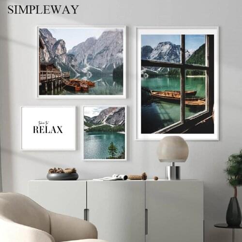 Nordic Mountain Lake Canvas Painting Nature Landscape Poster Old Window Boat Wall Print Artwork Scandinavia Picture Home Decor