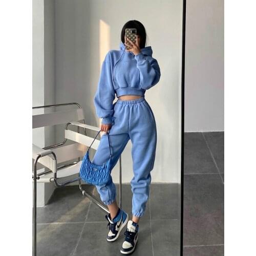 Hooded Loose Short Sportswear Sweatershirt+casual Wide-leg Trousers Plus Velvet Thickening Two-piece Suit Women