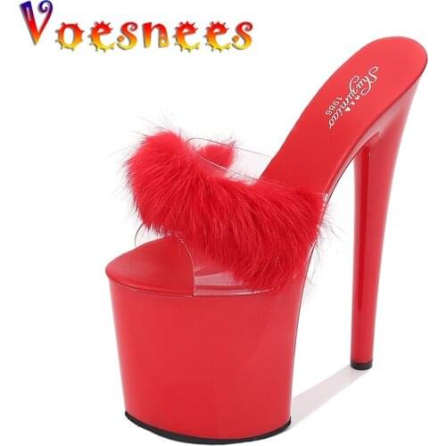 Summer Women Shoes Sexy High-Heels 17-20CM Platform Slippers Female Shoes Transparent Fur Waterproof Ladies Shoes Size 34-43