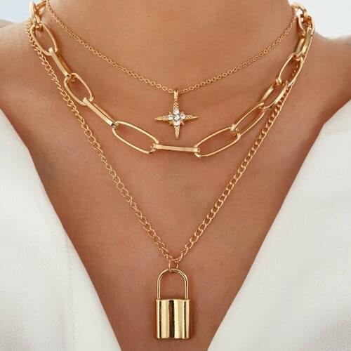 Creative Vintage Star Lock Necklace Pendant Women Personality Gold Color Multilayer Thick Chain Necklaces Collares Jewelry