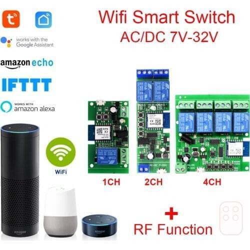 Tuya Smart Wifi DIY Switch WiFi Wireless Relay Module DC 5/12/32V RF433 Receive 10A Relays Work with Google home Tuya APP