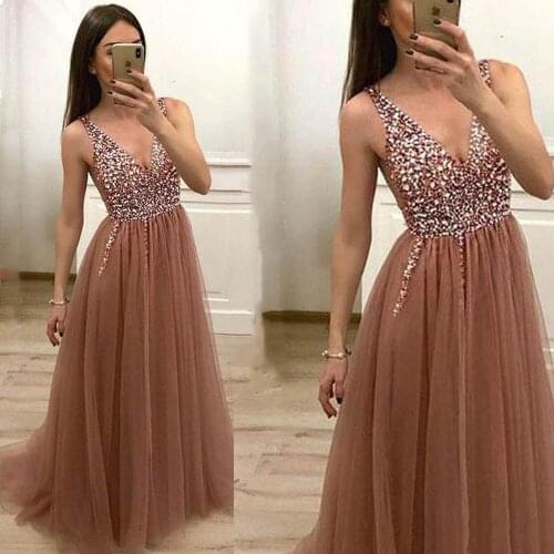 Beaded prom dresses blush deep v neck crystal tulle evening dresses sexy beading backless evening ggowns formal dresses