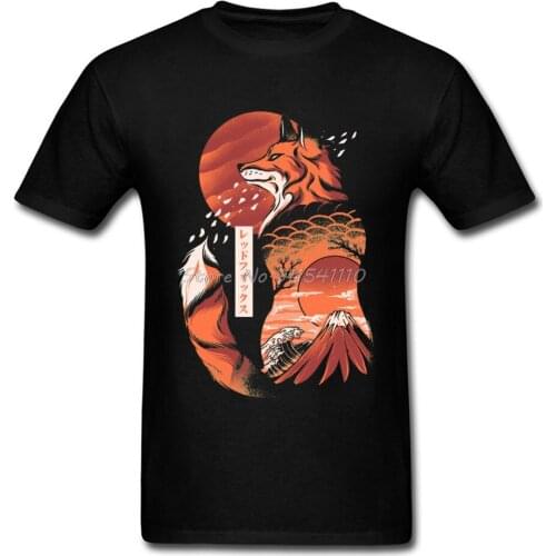 Japanese Fox Hokusai Wave Fuji Mount Sunset Classic Tshirts Art Design Mountain Sakura Landscape Men T Shirt Print Tees