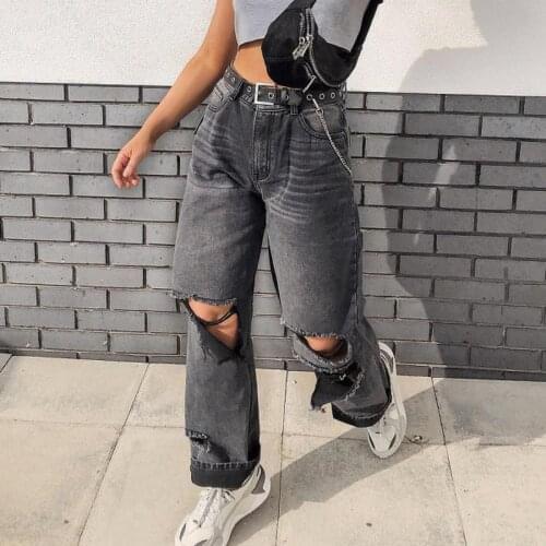 WomenS Trousers Fashion Solid Color Retro Casual Jeans High Waist Washed Ripped Straight Leg Pants High Street WomenS Jeans