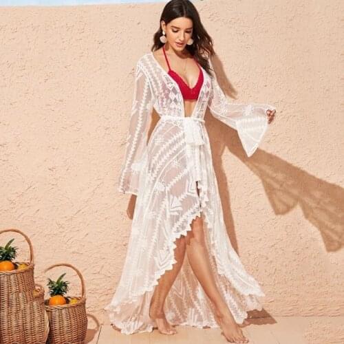 Womens Summer Dresses Sexy Cover Up Swimming Dress For Beach Swimsuit Coverup Kaftan Long Swimwear Plus Size Sarong White Lace