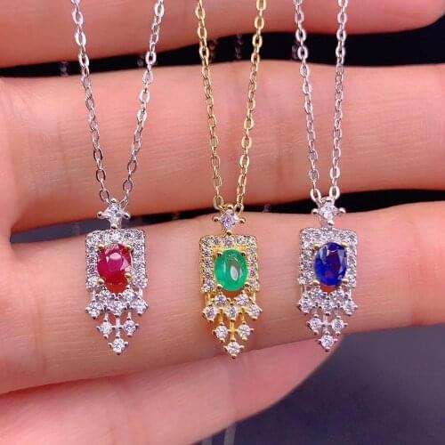 New fashion red ruby necklace real 925 silver women necklace sapphire emerald natural gem girl party gift lucky birthstone