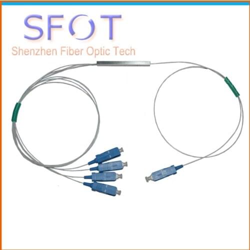10pcs/lot, FTTH accessories In Line SC/UPC 1x4 Port Mini PLC Splitter with SC/UPC connectors, SM, 0.9mm tube, 1m length
