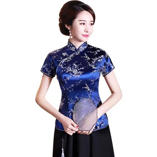 2020 Blouse Women Chinese Plum Blossom Short Sleeve Stand Collar Buttons Slim Blouse Shirt Womens Clothing блузка женская