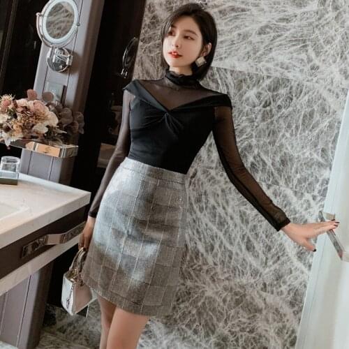 2020 Spring Women Ladies Long Sleeve Turtleneck Crop Top Elegant Black T Shirt Party Bodycon Bandage Mesh Patchwork Tee Femme