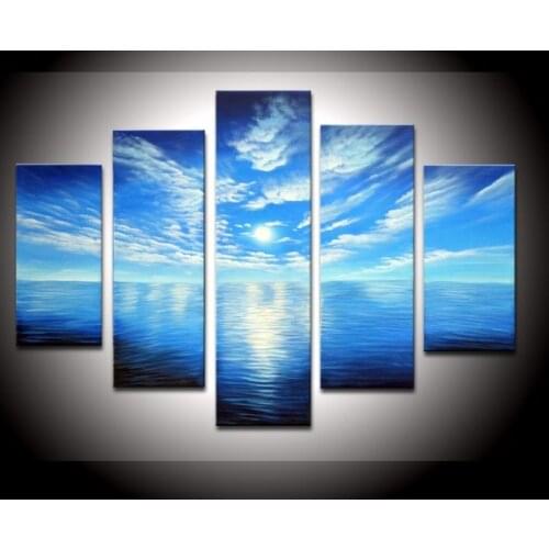 5 Panels Hand Painted Modern Landscape Blue Sky Sea Oil Painting on Canvas Cuadros Paintings for Living Room Home Decor