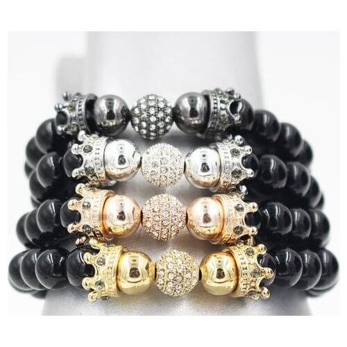 8mm tef2 micro pave cz zircon cubic zirconia elastic adjusted Charm nature stone agate Onyx Charm Crown Bracelet