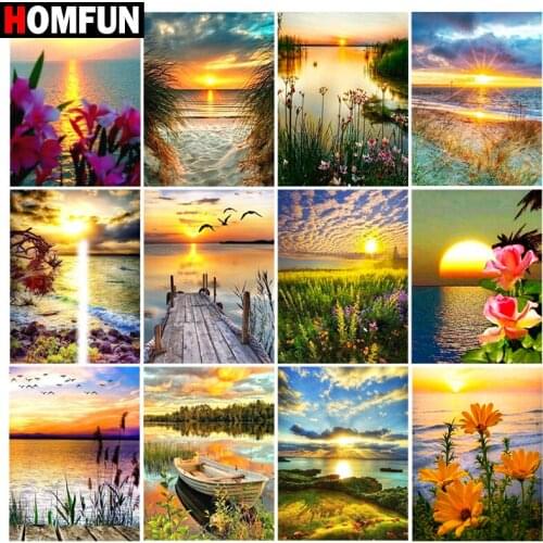 HOMFUN 5d Diamond Painting Full Square/Round "lake flower landscape" Picture Of Rhinestone DIY Diamond Embroidery Home Decor