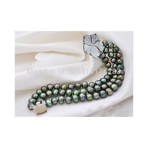Free Shipping>>>BEAUTIFUL 3row 8" 9mm green round freshwater cultured pearl bracelet