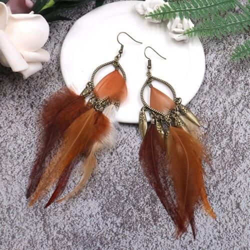 Jastie 2021 Womens Earring Feather Pendant Circle Hollow Design Long Earrings Bohemian Retro Beach Jewellery Earring