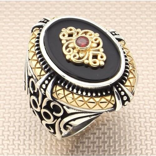 SILVERFONI Real 925 Sterling Silver Ring For Men Stylish Jewelry Fashion Agate Stone Gift Onyx Male Accessories All Size 2021