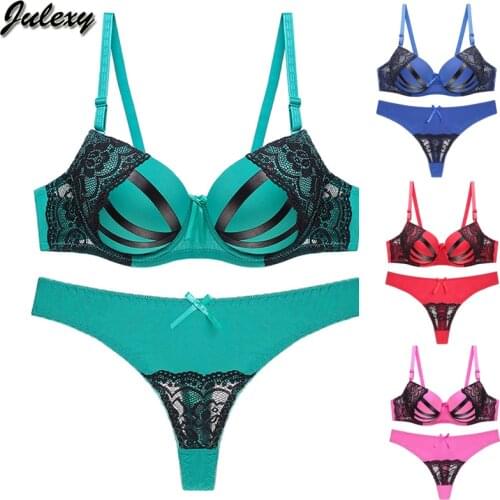 Julexy New 2020 Sexy Thongs Women Bra Set Push Up Lace Underwear Set Intimate Plus Size Hollow out Bra Brief Set