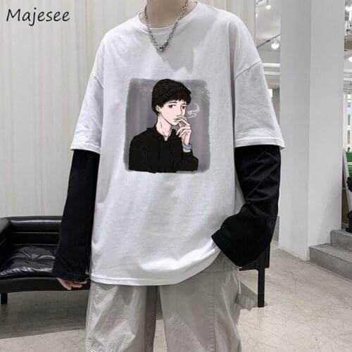 Men Long Sleeve T-shirts Fake 2-pieces Printed Ins Trendy Patchwork O-neck BF Ulzzang Chic Harajuku Cozy Autumn Teenager Clothes