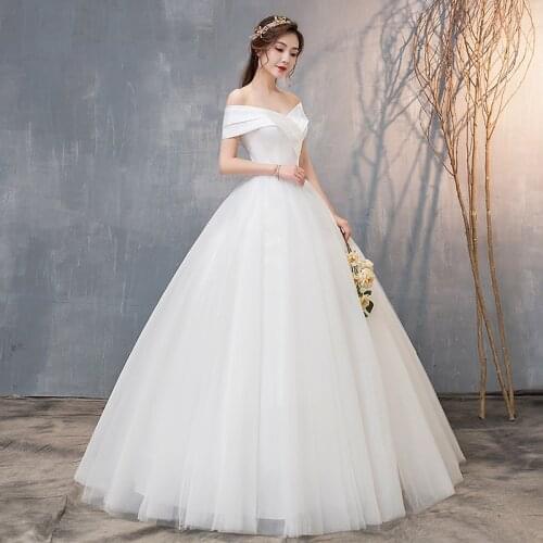 New Simple Wedding Dress Sexy Boat Neck Satin Tulle Bride Dresses Ball Gowns Bridal Princess Bridal Party Vestido De Noiva
