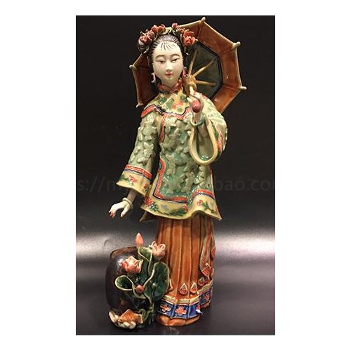 Painted chinese ceramic woman with porcelain lotus fragrance flower ornament decoration Beauty figure Sculpture lady statue