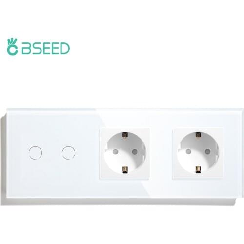 BSEED 2 Gang 1 Way 2 Way EU Standard Touch Light Switch With Wall Socket White Black Gold Wall Switch Crystal Glass Panel 228mm