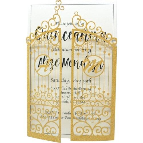 Top huality gate fold rustic wedding invitation cards laser cut glitter invitation