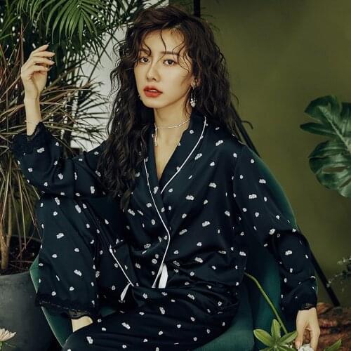 2021 Spring and Autumn Pajamas Set Pajamas for Women Silk Pajamas Women Ice Silk Print Plus Size