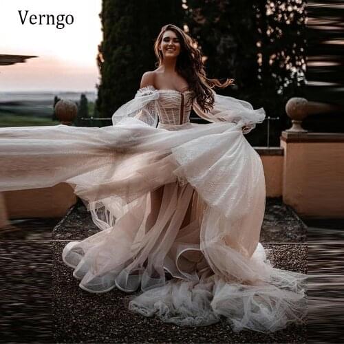 Verngo Vintage A Line Tulle Wedding Dresses With Removable Puff Long Sleeves Heart Shape Neck Charming Long 2021 Bridal Dress