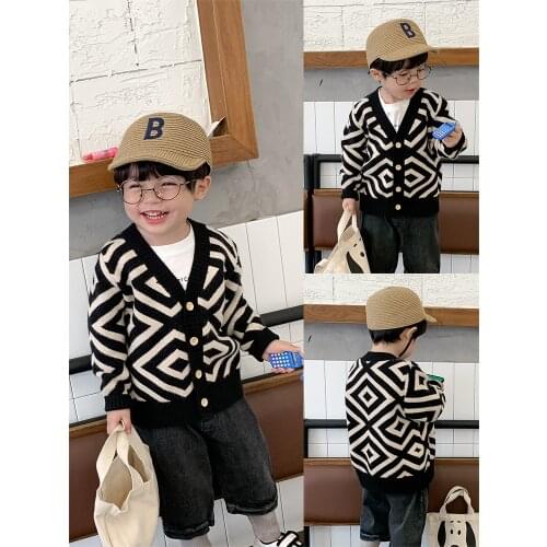 Boys Knitted Sweaters Fashion Korean Baby Black & White Plaid Wool Cardigan Coat Spring Fall New Kids Long Sleeve Knitwear P268