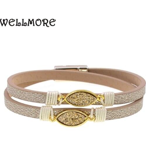 WELLMORE 6 colors two Layer leather bracelet fashion stone bracelets charm bracelets for women party jewelry wholesale