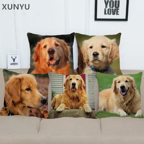 XUNYU Cute Golden Retriever Linen Pillowcase Home Sofa Square Pillow Cover Dog Pattern Decorative Cushion Cover 45X45cm AC004
