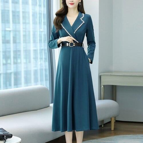 Women 2021 Spring Autumn Elegant Notched Collar A-line Dress Female Long Sleeve Casual Dresses Ladies Pleated Midi Vestidos Z344