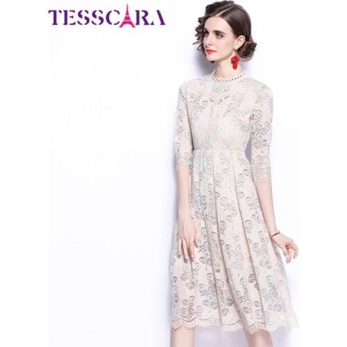 TESSCARA Women Autumn Elegant Lace Dress Festa High Quality Pink Wedding Party Robe Femme Spring Runway Designer A-Line Vestidos