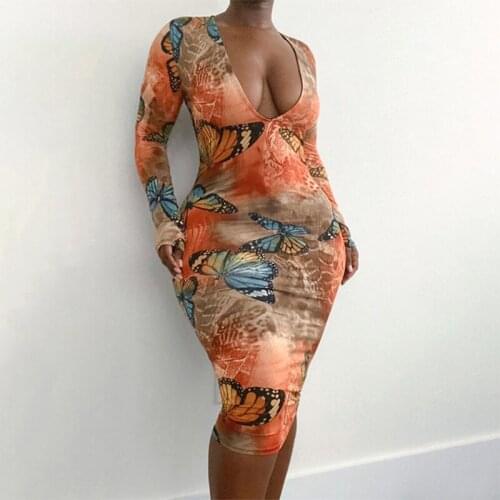 Women Midi Dress Long Sleeve Deep V Neck Butterfly Printed Bodycon Fashion Sexy Dress Fall 2021