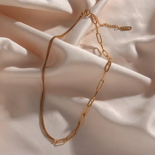 2021 New Asymmetric Paper Clip Box Splicing Gold Chain Choker Necklace Tarnish Free Stainless Steel Necklaces For Women