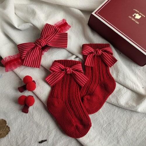 3Pcs/Set Newborn Accessories Baby Girls Red Lace Hair Tie Polka Dot Striped Bow Socks Suits Infant Kids Headband Christmas Gift