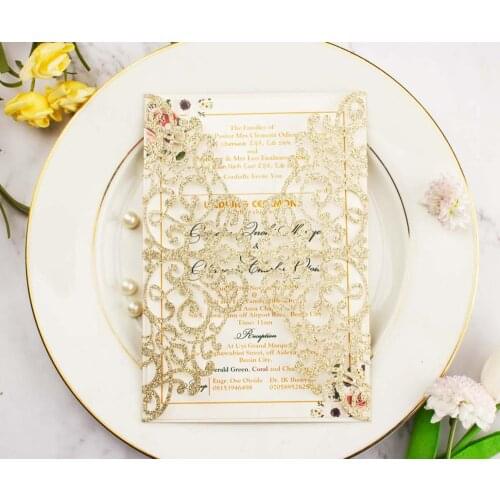 50pcs Hollow Laser Cut Champagne Glitter Card Wedding Invitation Cards With Embossed Greeting Pocket Invite Cover For Party
