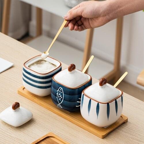 Japanese Style Spice Jars Cruet Condiment Home Decor Ceramic Seasoning Can Kitchen Storage Bottles Set Dinner Tabletop Decor