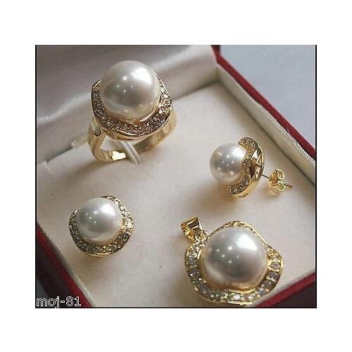 Nobility Lucky Women Set 10mm &14mm White South Sea Shell Pearl Earrings Pendant Necklace Ring 7 8 9 Hook $ Luxury Girls-jewelry