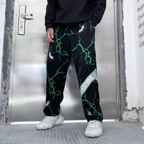 Pants Men Green Lightning Letter Print Track Pants Elastic Waist Fashion Trousers Hip Hop Joggers Sweatpants Streetwear
