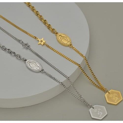 ALLNEWME Personality Gold Color Irregular Geometric Coin Pendant Necklace for Women Asymmetric Chain Stainless Steel Necklaces
