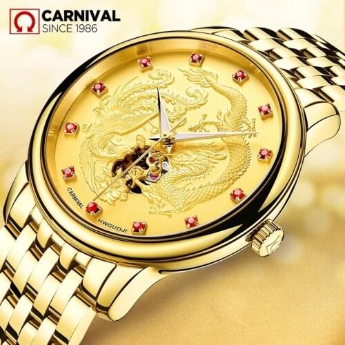 Carnival Brand Luxury Gold Automatic Watch Men Fashion Waterproof Dragon Luminous Hollow Business Wristwatches Relogio Masculino