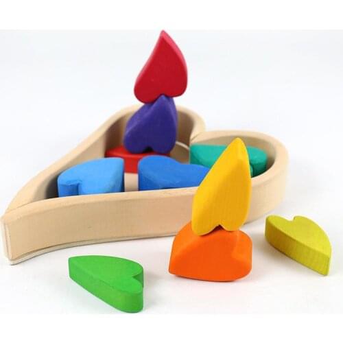 Wooden Rainbow Toys For Kids Montessori Stacking Block Wood Tray Baby Educational Love Shaped Building Blocks Children Toy Gift