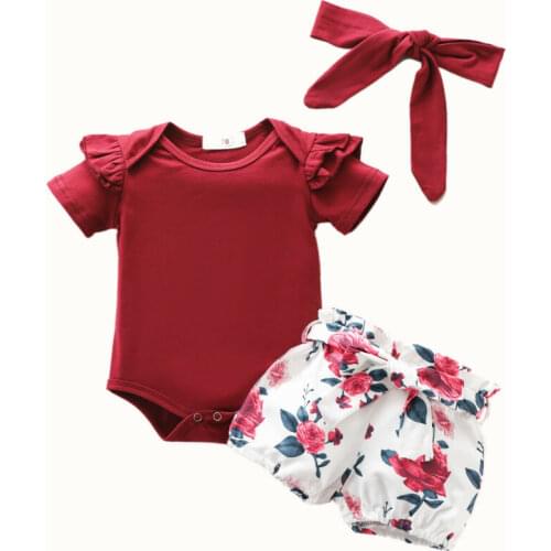 Kids Baby Girls Clothing Set Solid Short Sleeve 3 Pcs Set Clothes Romper Tops Bodysuit+flower Print Shorts Outfits 0-18 Months