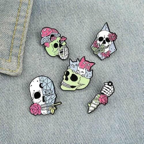 Rose Skull Dagger Enamel Pin Custom Exaggeration Mushroom Badge Brooch Lapel Pins Shirt Punk Gothic Cat Jewelry Gift For Friends