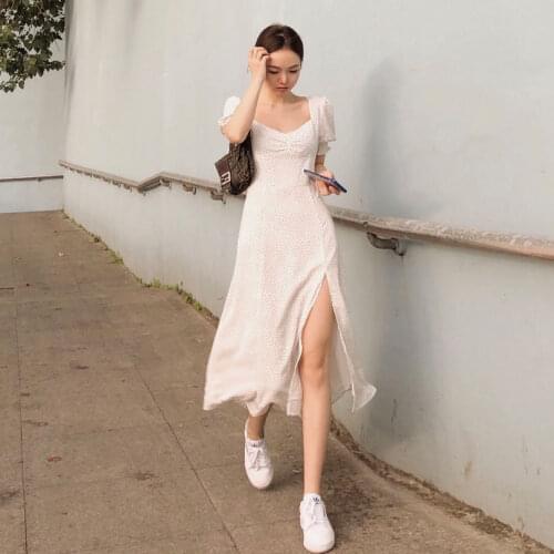 Herstory 2020 Dresses Midi Dress Women Elegant a-lineShort Sleeve Summer Woman Party Square Collar Boho Vestidos Korean Vintage