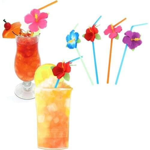 Hawaii Party Hibiscus Flower Drinking Straws Cocktail Juice Summer Beach Themed Birthday Wedding Party Decoration Supplies