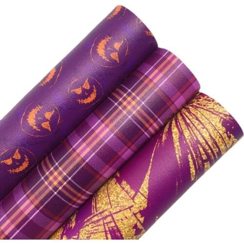 Halloween Pumpkin Tartans Printed Synthetic Faux Vinyl Leather Fabric Sheets Felt Backing for Bows Earrings DIY 21X29CM 6S68A
